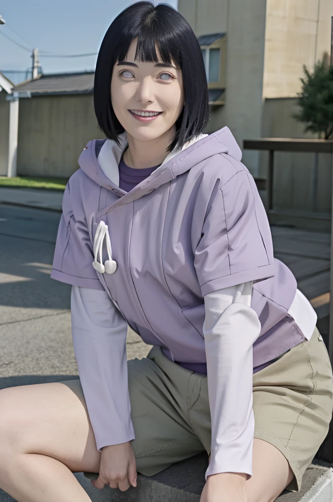 masterpiece, absurdres,hinata\(boruto\), 1girl,mature female,  solo,  purple hoodie,layered sleeves,  brown pants, outdoors, smile, looking at viewer,  cowboy shot,sitting, 