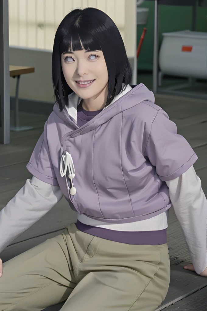 masterpiece, absurdres,hinata\(boruto\), 1girl,mature female, solo, purple hoodie,layered sleeves, brown pants, outdoors, smile, looking at viewer, cowboy shot,sitting,