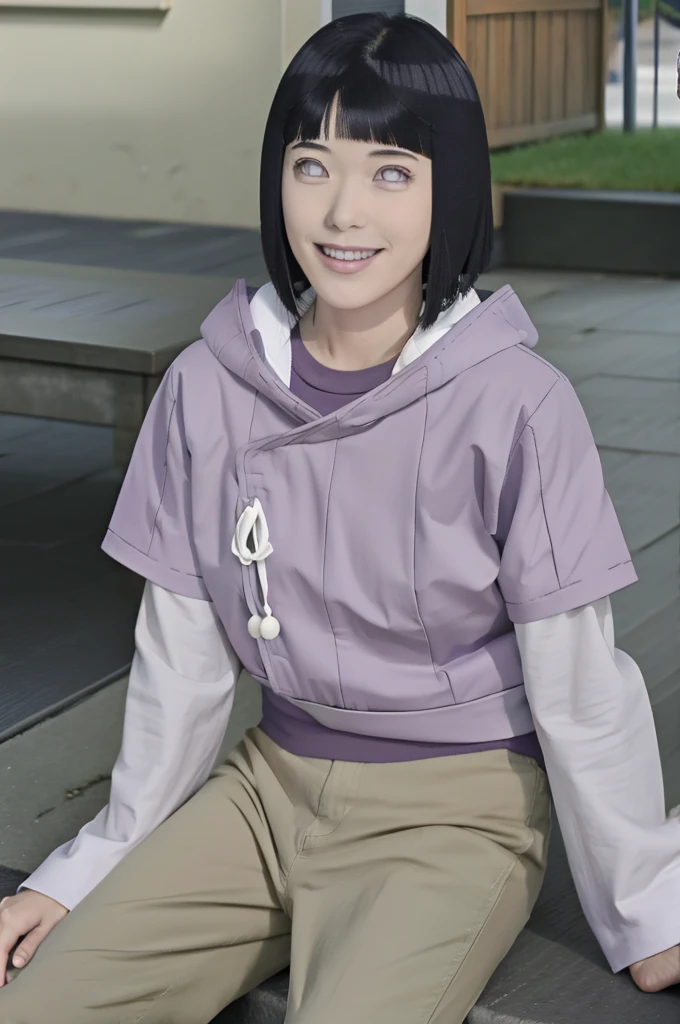 masterpiece, absurdres,hinata\(boruto\), 1girl,mature female,  solo,  purple hoodie,layered sleeves,  brown pants, outdoors, smile, looking at viewer,  cowboy shot,sitting, 