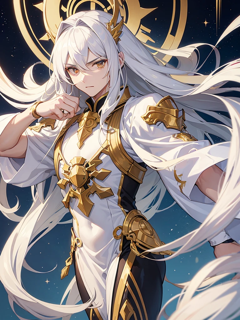 Man with long white hair, twenty years old, muscled body, white costume with gold details, gold eyes, strong body, mighty, epic
