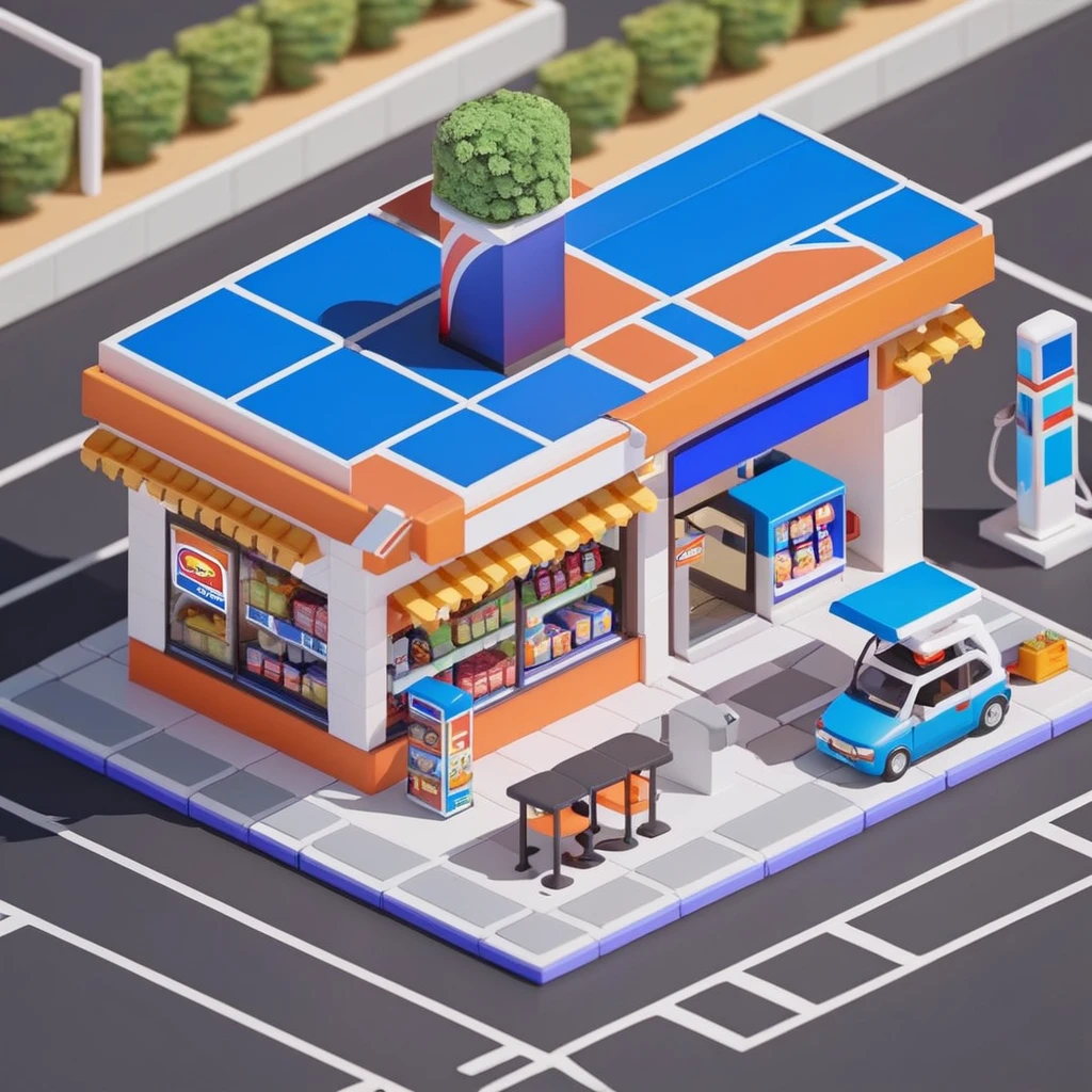 Convenience store，Street Lights，Outdoor dining tables and chairs，crossroads，Gas station，car，Isometric Art, 3D Isometric, Isometric pixel art，Simple background，Xiaofangzi,