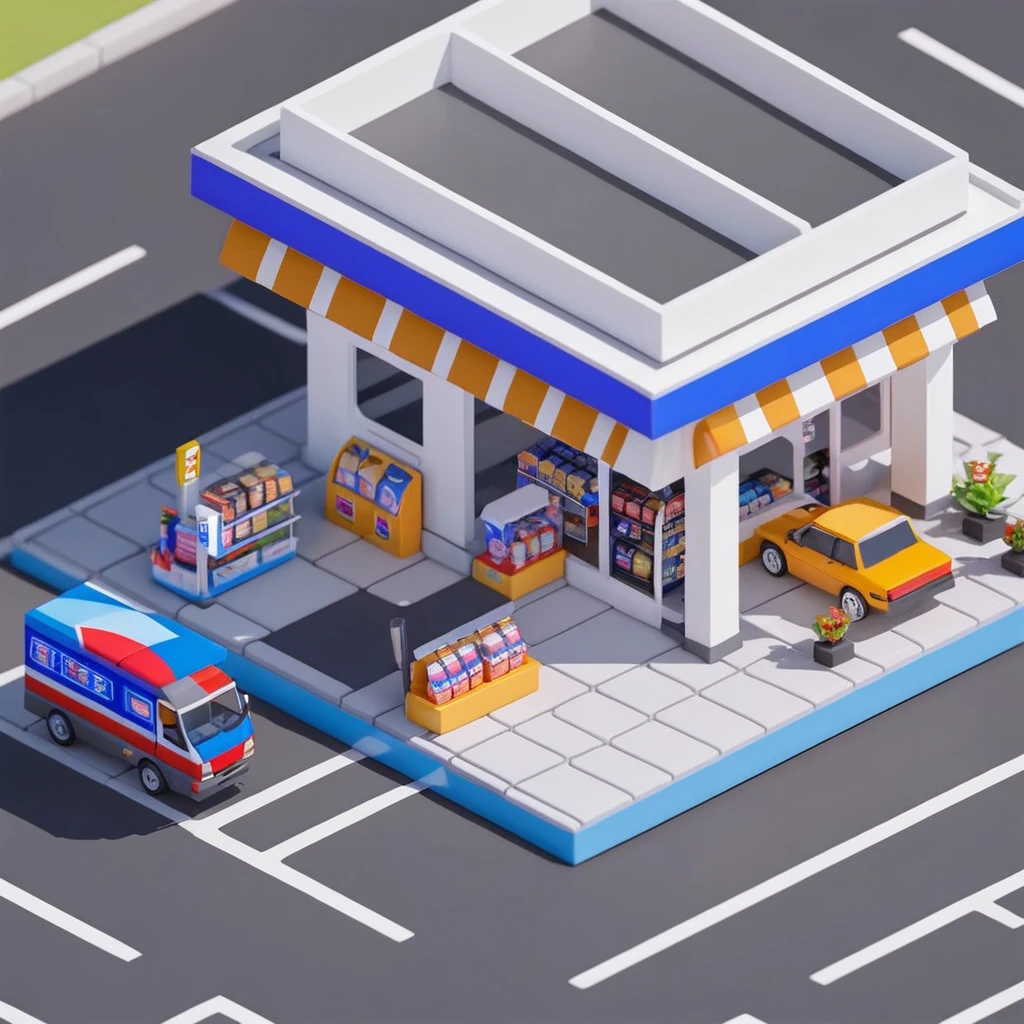 Convenience store,Street Lights,Outdoor dining tables and chairs,crossroads,Gas station,car,Isometric Art, 3D Isometric, Isometric pixel art,Simple background,Xiaofangzi,