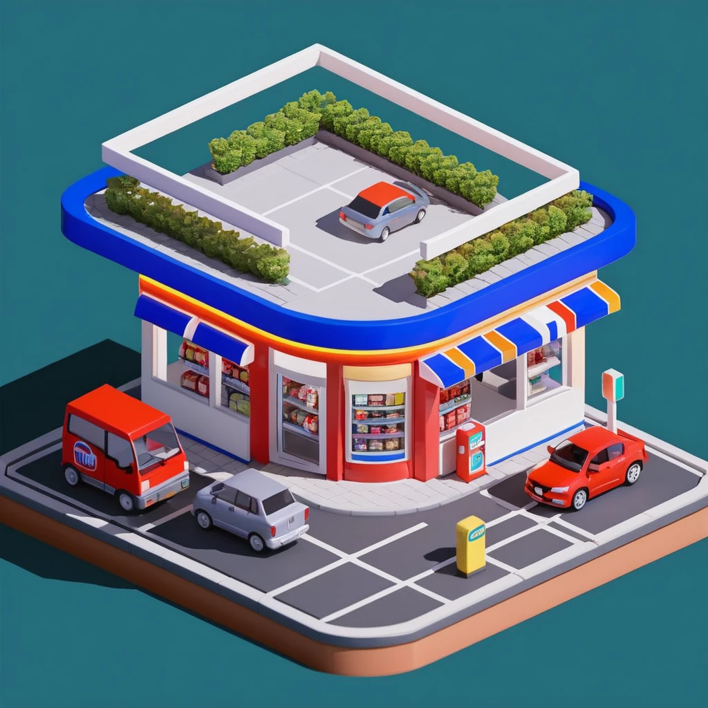 Convenience store，Street Lights，Outdoor dining tables and chairs，crossroads，Gas station，car，Isometric Art, 3D Isometric, Isometric pixel art，Simple background，Xiaofangzi,