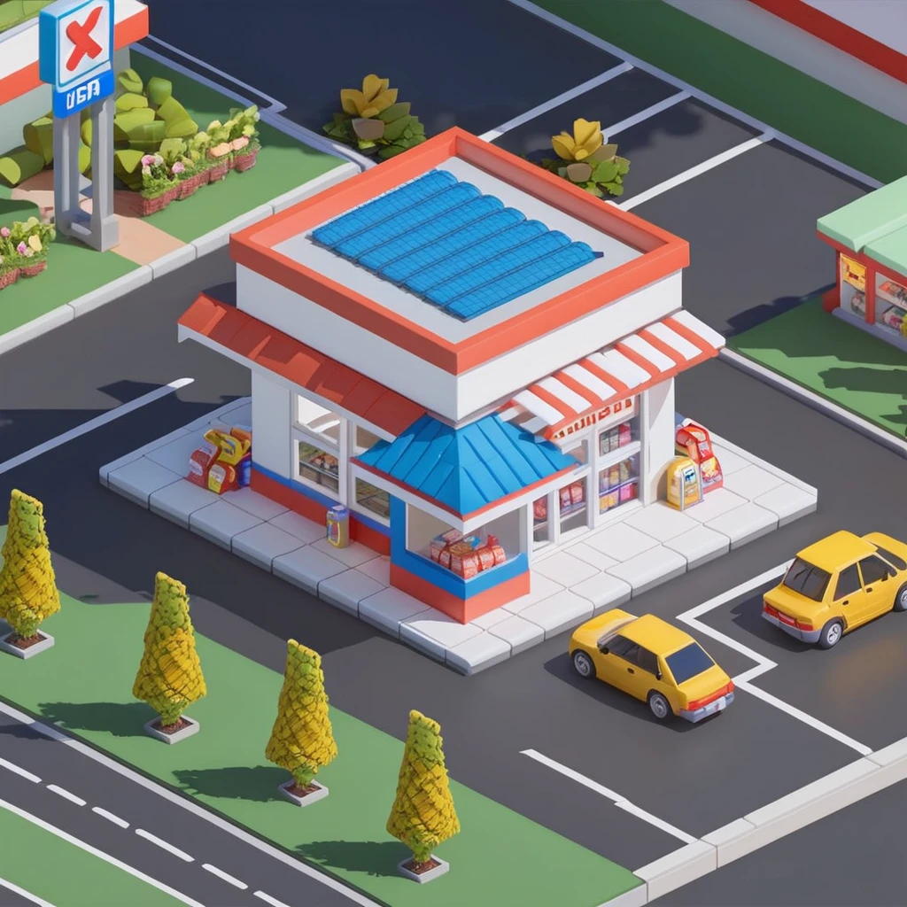 Convenience store，Street Lights，Outdoor dining tables and chairs，crossroads，Gas station，car，Isometric Art, 3D Isometric, Isometric pixel art，Simple background，Xiaofangzi,