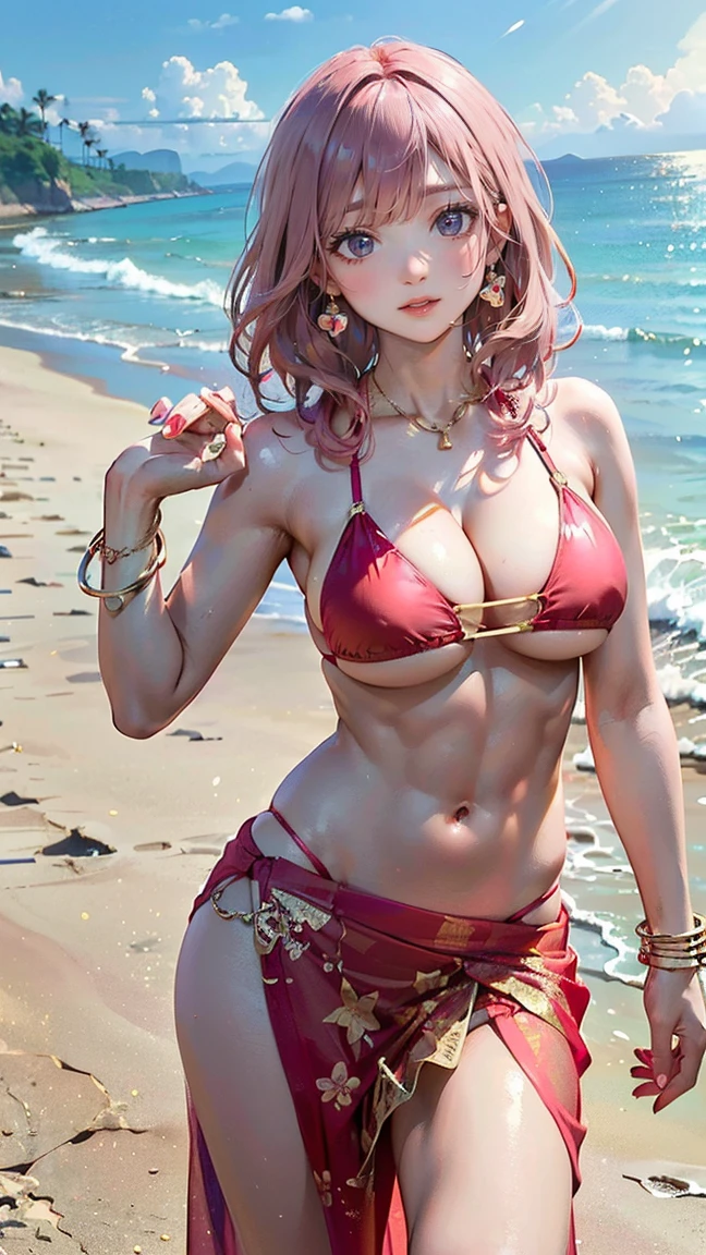 ((Highest quality, 8k, masterpiece :1.3)), (Sharp focus :1.2, Beautiful woman with perfect figure :1.4, Slim Abs :1.2), ((Big Breasts, Emphasize cleavage, The underboob is visible:1.3)), (Photorealistic:1.4), (realistic:1.4), (Pink Hair:1.5), Highly detailed face and skin texture, Fine grain, double eyelid. Makeup face, A little bit of lipstick, sex appeal, Sexy gravure pose, ((Red bikini with a see-through sarong skirt。The background is the beach、A bold pose on the beach。Accessory: gold bracelet。:1.3)