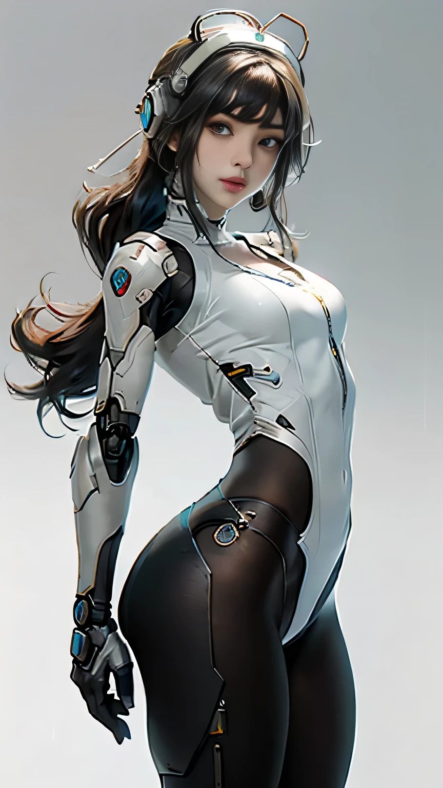 Very cute human 18 year old girl face in cyberpunk city, Human torso, Human Giant , Human abdomen, Human waist, Robot Arm, White Suite, 2 Tone, Mechanical legs, Hard, white, shiny shell and arms and legs with black joints, Very beautiful and feminine, short, , small, small, Big Tits Ass, Medium Bust, Showing cleavage, Flat belly display, partial helmet with antenna on the ear, Hello, Black robot joints, Very stylish, Award-winning product design, Black rubber tights, Shiny white metal bib opens at cleavage and midriff, The white metal butt is wrinkled, The armor is stylish, Shiny Trim