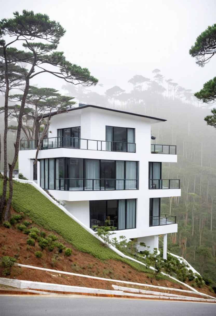 A beautifully designed modern two-story house with a tiled roof, perched on a hill with a view of a pine forest in Da Lat, Vietnam. The house’s second floor features white walls, and the first floor is stone-clad. The image captures a cozy and foggy afternoon ambiance, taken with a 35mm focal length. - in the 6th.0 – with 16:9 –style raw