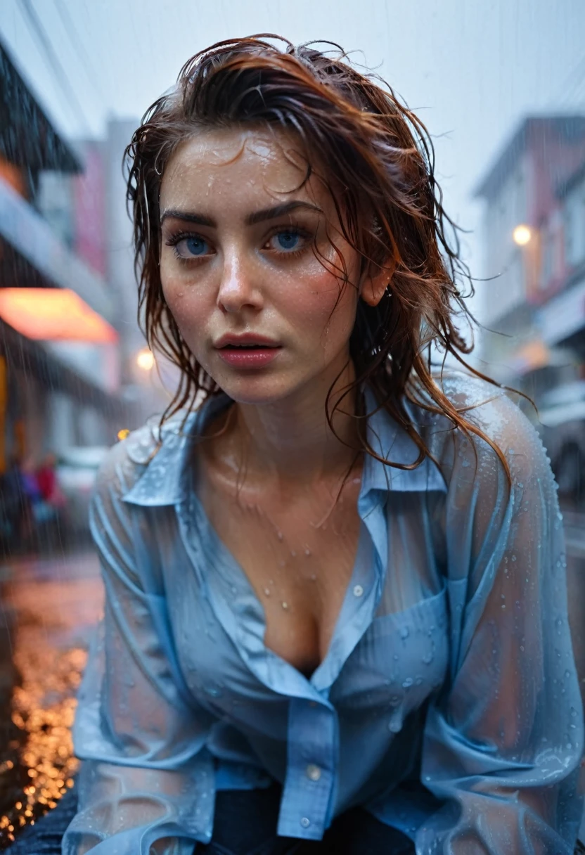 Photorealism, close up, wide angle, seen from below, a girl wears a long-sleeved shirt that is wet and hanging down exposing her (bare shoulders:1.2), she has a slim body with firm, plump breasts, fair and smooth skin, grayish blue eyes , has brunette hair, she is sitting cross-legged in a wet street during heavy rain, she looks freezing and her (body and hair are badly wet), in a foggy atmosphere, photon mapping, dramatic lighting, vivid color tones, aesthetic