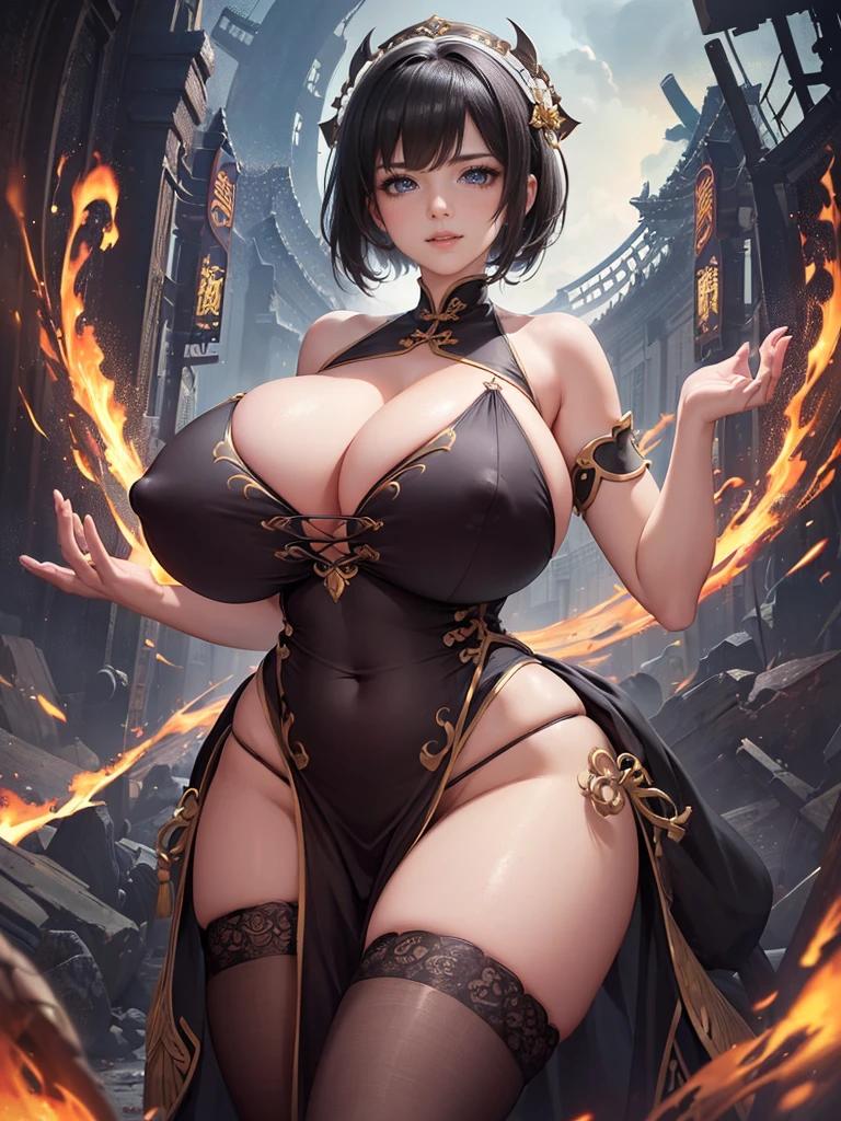 Highly detailed CG unit 8k wallpaper, masterpiece, High resolution, highest quality, highest quality real texture skin, Super Real, Digital Painting, Best image quality, 最High resolution, 8k, ((Highly detailed eyes and face)), 1girl, Beautiful eyes every detail, Full Body Shot, upskirt, pantyshot, (((Saggy breasts, Gravity-dependent breasts, long chest, Heavy chest, ))), ((disproportionate breasts, huge breasts, sagging breasts, gigantic breasts, erect nipple,)), short hair, Tube top, Chinese style embroidery, china dress, chinese dress, ancient China, evil grin, evil smile, clothes lift, storm, typhoon,