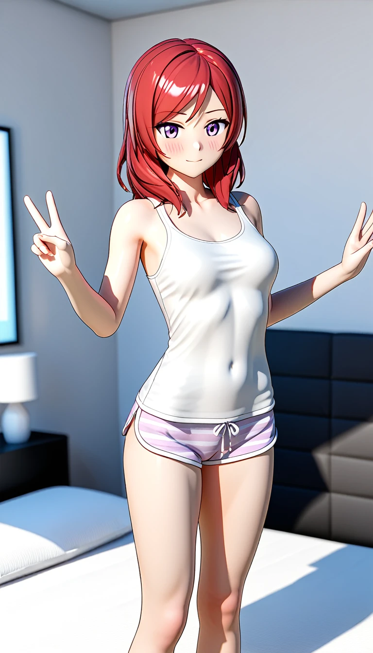 One girl, Nishikino Maki, wearing a thin plain white tank top, pajama shorts, posing on a bed in a bedroom, no objects on the bed, BREAK (masterpiece, top quality, high resolution, ultra detailed, (ultra detailed skin: 1.3), (ultra detailed hair: 1.3), (perfect anatomy: 1.5), (perfect anatomy: 1.5), (beautiful eyes, 5 fingers: 1.3), (highly detailed face and skin texture: 1.3), (crisp details), {background blur: 1.3}, (perfect lighting), high resolution CG, Unity 8k wallpaper, official art, (full body composition: 1.22), (character focus: 1.22), (blush: 1.22), (upward glance: 1.22), 3D rendering, conceptual art, sharp sketch, id_maki_nishikino