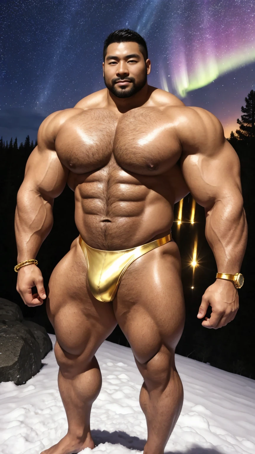 There is only one handsome Chinese man in the photo,35 years old,tall, Fitness,Smooth body,Smooth skin,No chest hair,short hair, O-Shaped Beard,Perfect body, Dark skin color,Radiant Skin,Smooth skin,Shiny, shiny skin,Smooth pectoral muscles,Muscle bulge, muscular, Very large pectoral muscles,Very sexy abdominal muscles,Very well-developed leg muscles,Huge concave and convex area,Brightens oily skin,Wearing a shiny gold leather thong,Handsome face,Normal human toes,Correct and accurate male body proportions,Gold Collar,Gold bracelet,Gold anklets,Standing in the snow,Night sky,A sky full of stars,There are auroras,Colorful,Charming dream scene,Epic。