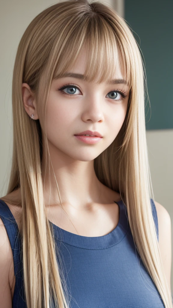 portlate、School Uniforms、bright expression、poneyTail、Young shiny shiny white shiny skin、Best Looks、Blonde reflected light、Platinum blonde hair with dazzling highlights、shiny light hair,、Super long silky straight hair、Beautiful bangs that shine、Glowing crystal clear attractive big blue eyes、Very beautiful nice cute 16 year old girl、Lush bust,Beautiful detailed eyes, beautiful detailed nose、Healthy skin、smil、