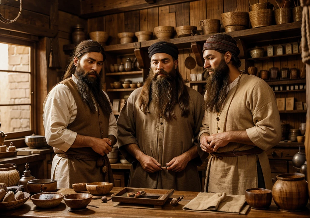 A warm and cozy interior of an ancient cloth shop, with a man with beard dressed in traditional attire sitting comfortably behind the ancient wooden counter, surrounded by familiar objects and soft light, as the other two men with beard dressed in traditional attire look on with a mix of understanding and disappointment.