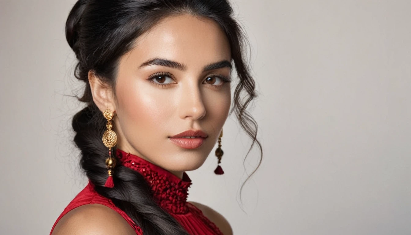 ((half body portrait)) photo of a beautiful 25 years old spanish woman,[[head]] [[shoulders]] [[chest]], detailed tipical spanish facial features, fashion photography, studio photo, simple white background, endless long (extra long black hair), wearing authentical spanish flamenco dress in black and red colors, Award - winning photograph, Masterpiece, 8k, ultra high res, hyper detailed, beautiful woman, perfect face, rule of thirds, Perfect eyes, Perfect iris, perfect pupils, (perfectly round iris:1.3), Perfect lips, Perfect teeth, dimples, perfect nose, highly detailed hair, ((detailed face)), ((detailed facial features)), (finely detailed skin), tanned skin, realistic skin texture, extreme skin details, (pores:0.1),(sweaty:0.8), insane details, intricate details, amazing fine detail, photorealistic, photograph, photorealism, rich colors, lifelike texture, neutral colors, Soft front light,cinematic lighting, dramatic lighting,dappled light on face, backlight on hair, sharp focus, wide angle, film grain, dslr, raw photo, photographed on Nikon , 170mm lens, 35mm film