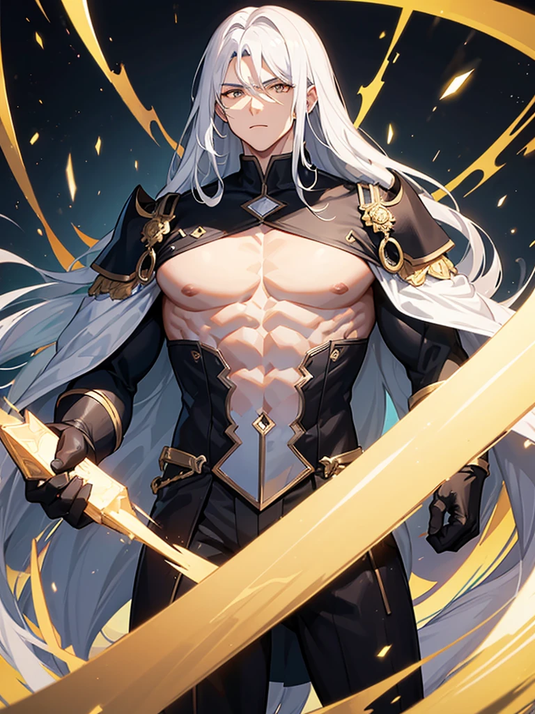 A muscular man, with white hair, straight face, blue right eye and red left eye, with a scar on his right eye, black shorts with a white stripe, black cape, black blouse