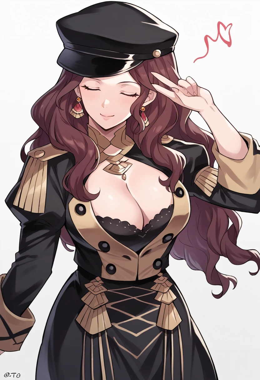 score_9, score_8_up, score_7_up, source_anime, Dorothea (Fire Emblem), black headwear, black skirt, (black long-sleeve uniform), brown hair, dangle earrings, gold trim, green eyes, jewelry, large breasts, long hair, black peaked cap, black hat, looking at the viewer, smile, closed mouth, hands on hips