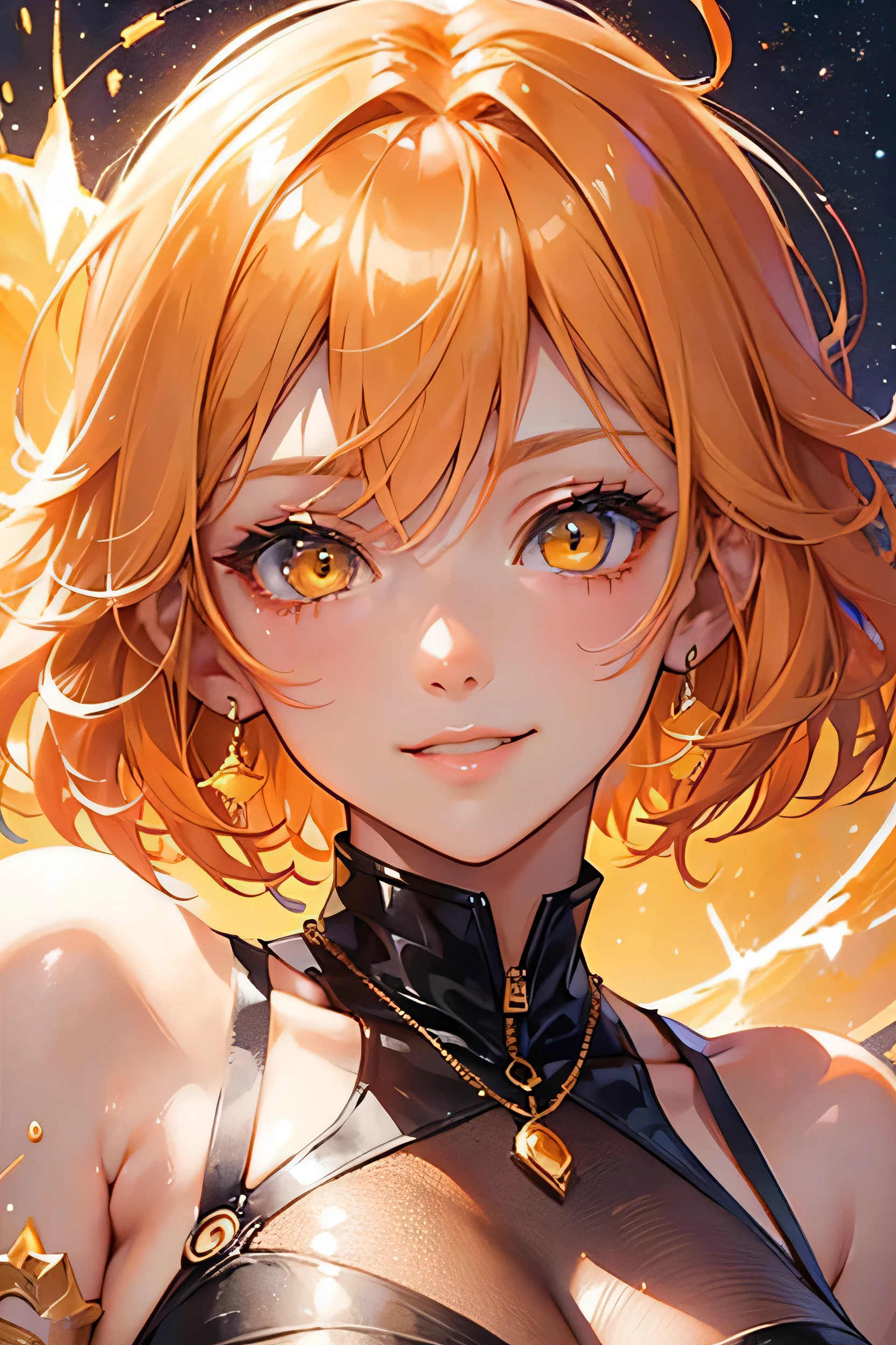 Beautiful adult woman、((Orange short hair))(Yellow Eyes))、Face close-up、smile、Sheryl Nome style、Cosmo、Milky Way