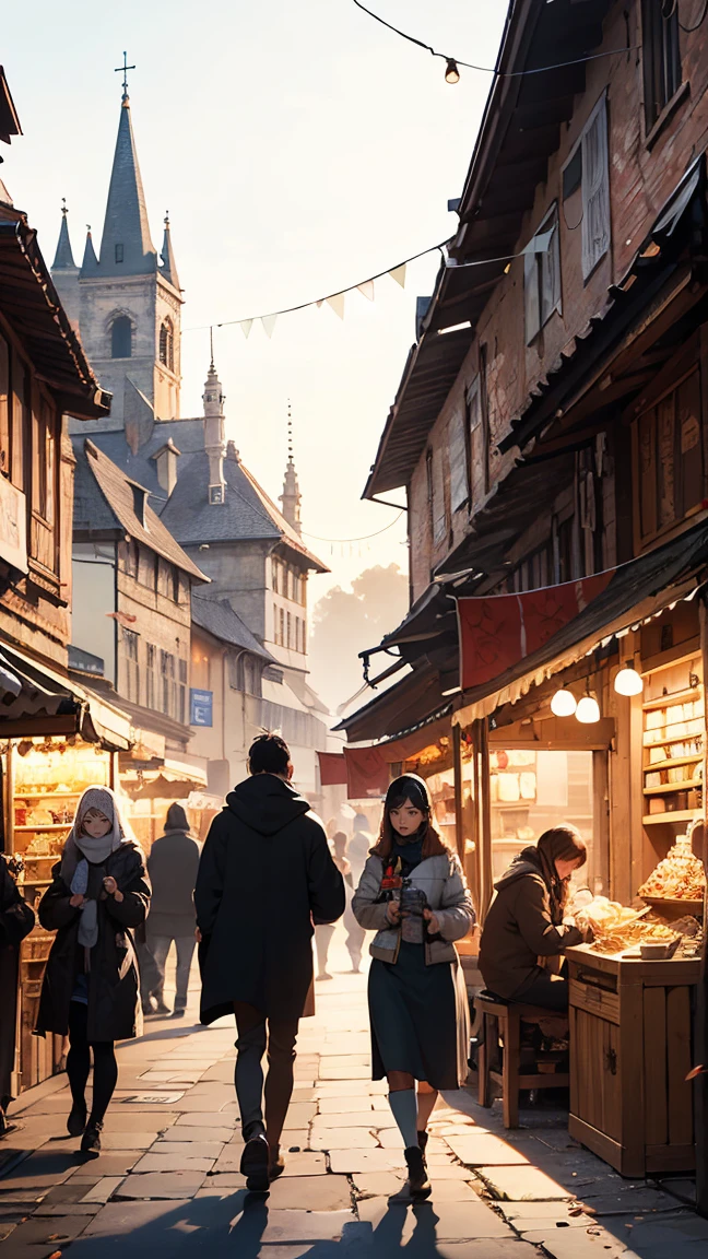 Draw a scene in a medieval market And there were people walking around in chaos.