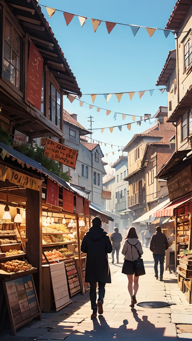 Draw a scene in a medieval market And there were people walking around in chaos.
