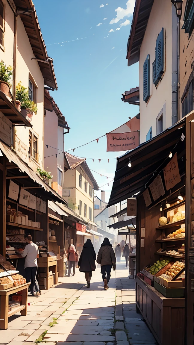 Draw a scene in a medieval market And there were people walking around in chaos.
