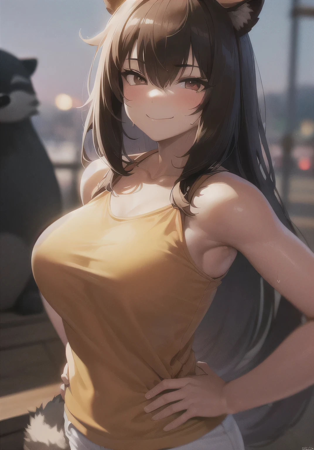 1girl, solo, absurdres, best quality, (smug smile:1.2), hair ornament, short, long hair, outdoors, nighttime, night, stars, starry sky, small breasts, flat chest, (hands on hips:1.2), (portrait, straight on, POV, looking at viewer, upper body:1.3)Furry, Brown fur, Super cute face, Red elements of fur, Shiny T-shirt, Beautiful light and shadow, ambient light, Highly detailed fur, Volumetric Light,Raccoon,sexy,Big Breasts,Sloppy,hot pants,drunk,Sweat,Sigh, front,Character portrait