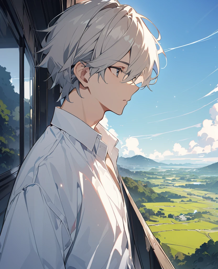 shirt、Man in a shirt、White shirt、Landscape、Horizontal view。Look to the side、