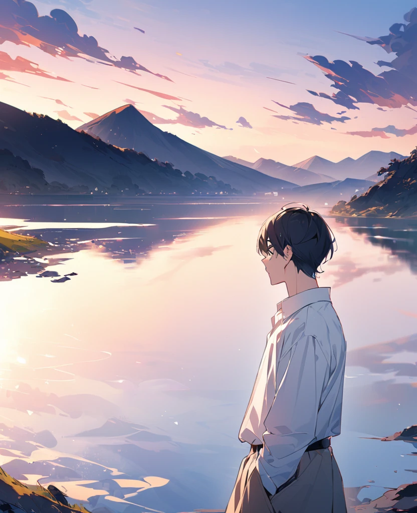 shirt、Man in a shirt、White shirt、Landscape、Horizontal view。Look to the side、