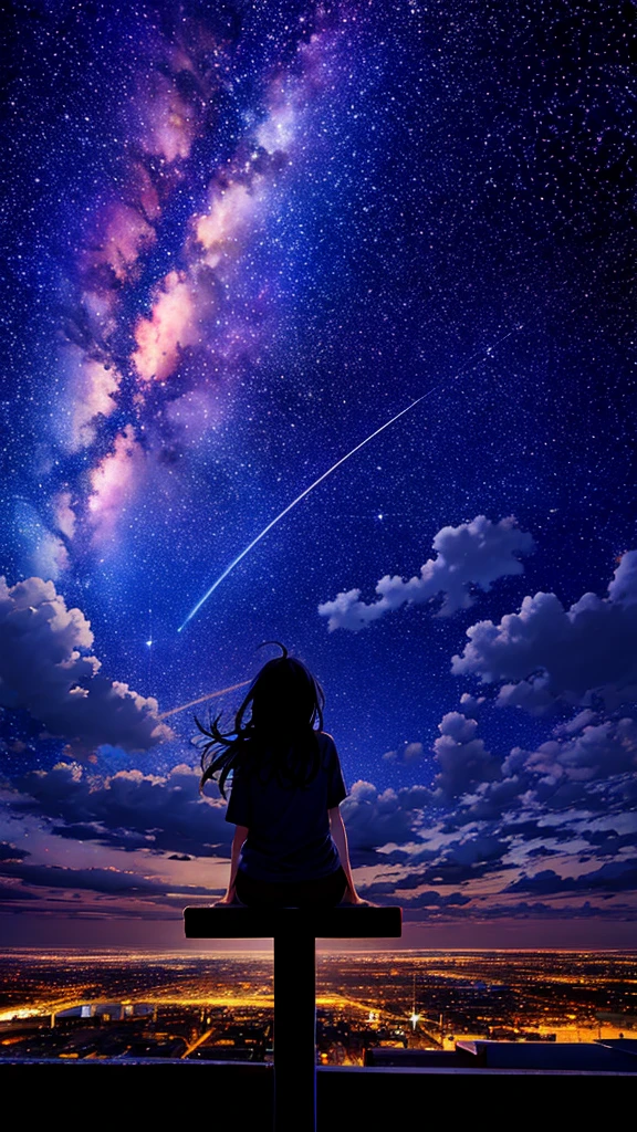 octans, sky, star (sky), scenery, starry sky, night, 1girl, night sky, solo, outdoors, building, cloud, milky way, sitting, tree, long hair, city, silhouette, cityscape