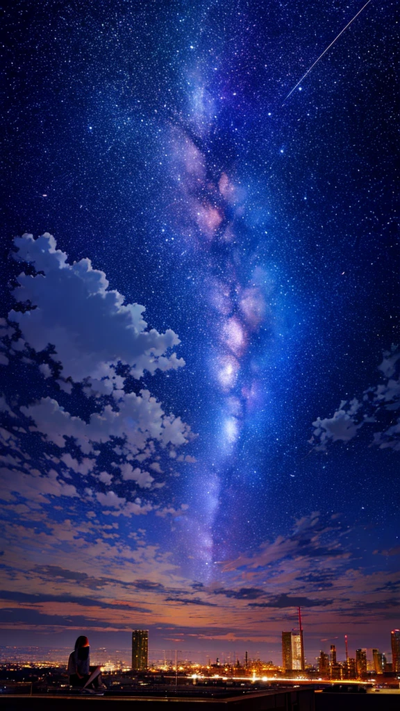 octans, sky, star (sky), scenery, starry sky, night, 1girl, night sky, solo, outdoors, building, cloud, milky way, sitting, tree, long hair, city, silhouette, cityscape