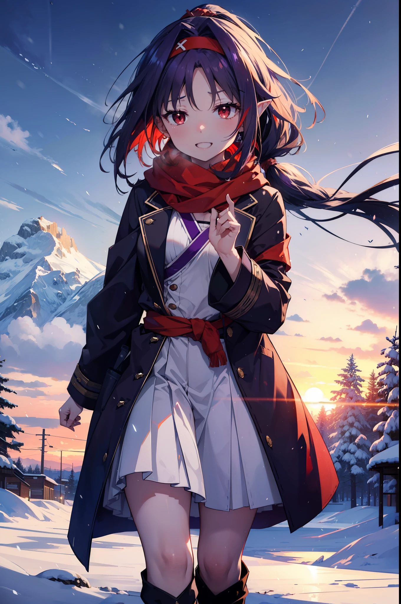 yuukikonno, Konno Yuuki, Long Hair, Pointed Ears, Purple Hair, (Red eyes:1.5), (Small breasts:1.2), Open your mouth,happy smile, smile, Open your mouth,hair band,low ponytail,Red Scarf,Purple long coat,V-neck sweater,Long skirt,short boots,snowが降っている,snowが降り積もっている,snow,snow,snow,snow,winter,Cold night,Walking,whole bodyがイラストに入るように,Looking down from above,
break looking at viewer, whole body,
break outdoors, In town,
break (masterpiece:1.2), Highest quality, High resolution, unity 8k wallpaper, (figure:0.8), (Beautiful attention to detail:1.6), Highly detailed face, Perfect lighting, Highly detailed CG, (Perfect hands, Perfect Anatomy),