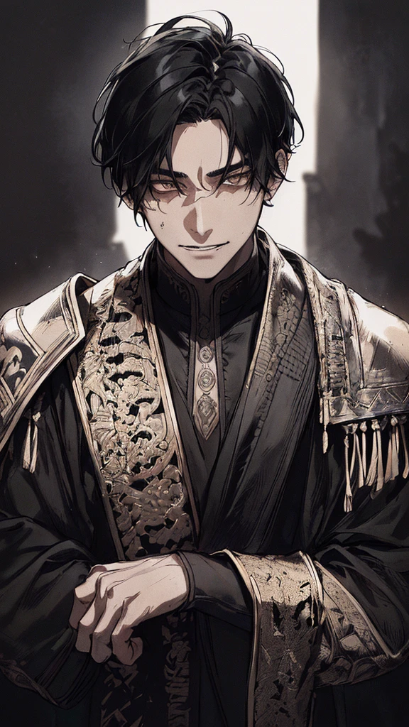 Highest quality, (background_detailed), expensive_Contrast, detailed_original_figure, Warrior, Muscular, Villain Face, Armor, full_body, Medieval, Wrinkles between the eyes, Young people, 20-year-old male, dark_stitch_landscape, (dramatic_Lighting:1. 25), (Shaded_background:1.2), black_hair, (short black hair:) 1.1 ), Delicate face, Wicked Smile, Sharp eyes, Black background, (Black background:1.5), Beautiful line art, 白black