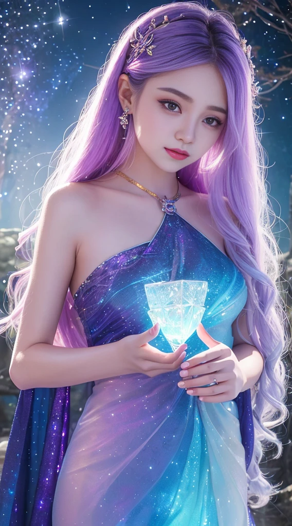 bottom: Mysterious quantum environment, Cosmic elements and ethereal atmosphere，A mix of bright lights and colorful nebulae. he: A mysterious girl with a magical aura. She has plenty of time, Colorful wavy hair, Shiny Hair Stands Out. His eyes are deep and expressive, Reflective Universe. She was wearing a flowing purple and blue dress...., With intricate details and mysterious textures. Color Palette: A combination of mysterious tones such as cosmic purple, Heavenly, Soft pink and light gold. Create contrast, Adding Depth, dark, like deep purple or night blue. Aesthetic: Aesthetics incorporates Mistycore elements, Known for its mysterious and ethereal atmosphere, and crystal nucleus, With its crystal clear clarity and outstanding detail. This girl exudes magical energy，His presence looms over her，charming. Covered: Keep the subtle bright effect and glow overlay around the girl, Covered: Add a soft glow effect around the girl and the crystals, Seems to exude magic. return, Add small sparkle details to enhance the ethereal atmosphere, Full body capture.（Beautiful and detailed description of the eyes）,Unreal Engine:1.4,ultra HD,Best quality:1.4, (Realistic:1.4),( Texture:1.4), (masterpiece:1.8)