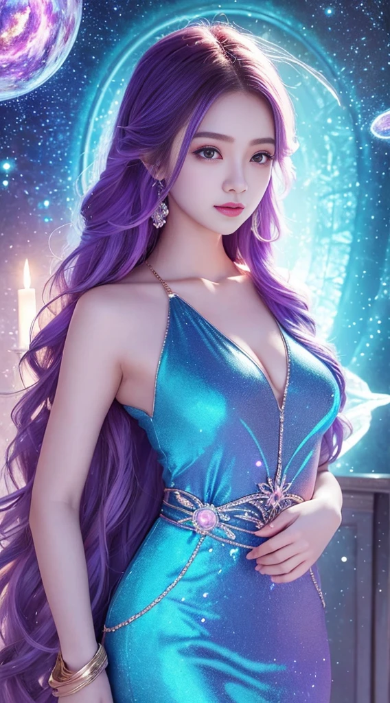 bottom: Mysterious quantum environment, Cosmic elements and ethereal atmosphere,A mix of bright lights and colorful nebulae. he: A mysterious girl with a magical aura. She has plenty of time, Colorful wavy hair, Shiny Hair Stands Out. he的眼睛深邃而富有表情, Reflective Universe. She was wearing a flowing purple and blue dress...., With intricate details and mysterious textures. Color Palette: A combination of mysterious tones such as cosmic purple, Heavenly, Soft pink and light gold. Create contrast, Adding Depth, Dark, like deep purple or night blue. Aesthetic: Aesthetics incorporates Mistycore elements, Known for its mysterious and ethereal atmosphere, and crystal nucleus, With its crystal clear clarity and outstanding detail. This girl exudes magical energy,he的存在笼罩着她,charming. Covered: Keep the subtle bright effect and glow overlay around the girl, Covered: Add a soft glow effect around the girl and the crystals, Seems to exude magic. return, Add small sparkle details to enhance the ethereal atmosphere, Full body capture.(Beautiful and detailed description of the eyes),Unreal Engine:1.4,Ultra HD,Best quality:1.4, (Realistic:1.4),( Texture:1.4), (masterpiece:1.8)