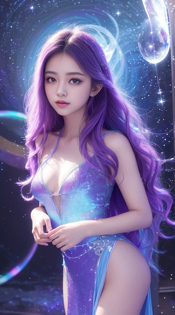 bottom: Mysterious quantum environment, Cosmic elements and ethereal atmosphere，A mix of bright lights and colorful nebulae. he: A mysterious girl with a magical aura. She has plenty of time, Colorful wavy hair, Shiny Hair Stands Out. he的眼睛深邃而富有表情, Reflective Universe. She was wearing a flowing purple and blue dress...., With intricate details and mysterious textures. Color Palette: A combination of mysterious tones such as cosmic purple, Heavenly, Soft pink and light gold. Create contrast, Adding Depth, Dark, like deep purple or night blue. Aesthetic: Aesthetics incorporates Mistycore elements, Known for its mysterious and ethereal atmosphere, and crystal nucleus, With its crystal clear clarity and outstanding detail. This girl exudes magical energy，he的存在笼罩着她，charming. Covered: Keep the subtle bright effect and glow overlay around the girl, Covered: Add a soft glow effect around the girl and the crystals, Seems to exude magic. return, Add small sparkle details to enhance the ethereal atmosphere, Full body capture.（Beautiful and detailed description of the eyes）,Unreal Engine:1.4,Ultra HD,Best quality:1.4, (Realistic:1.4),( Texture:1.4), (masterpiece:1.8)