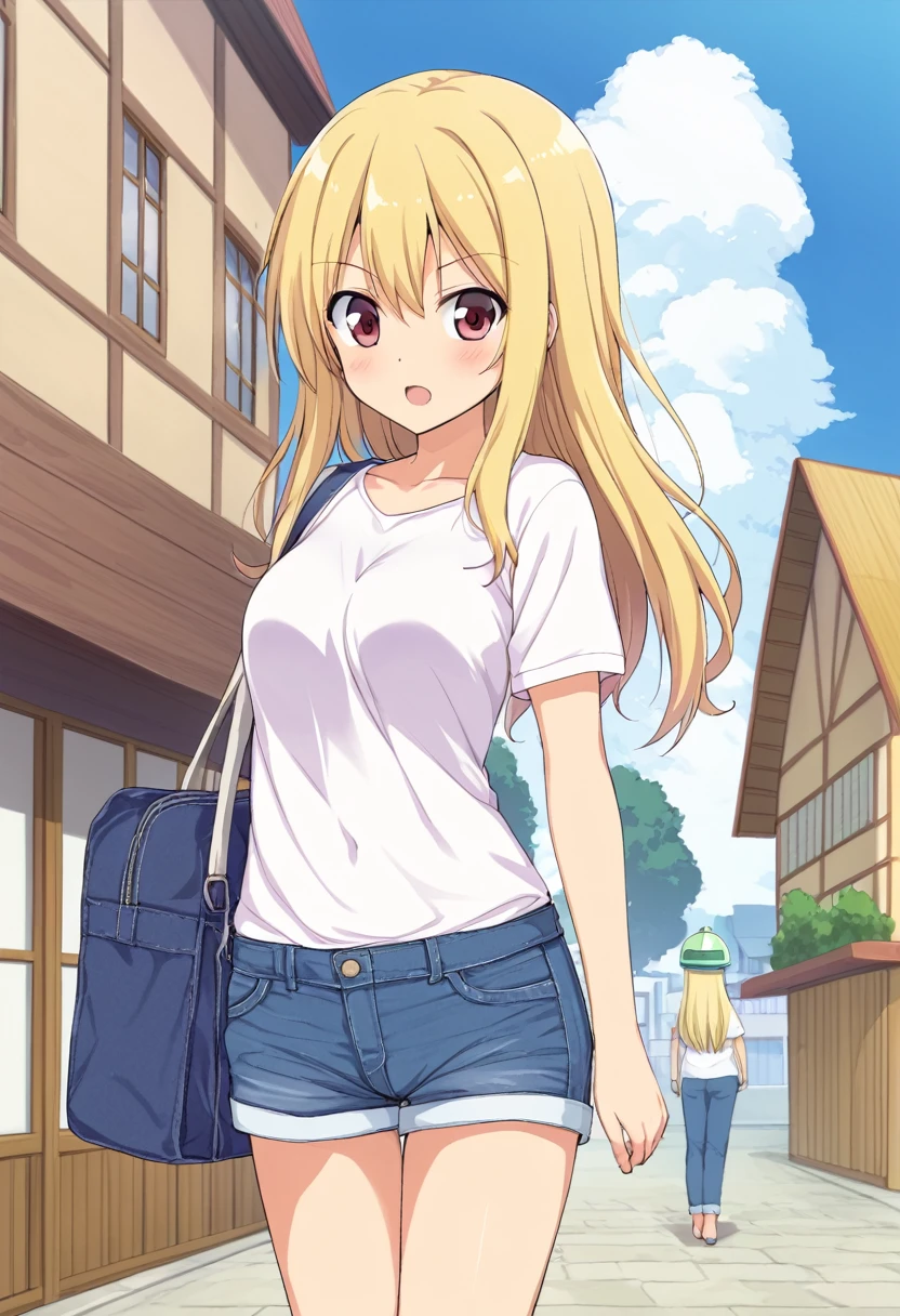 One Girl、15 years old、Blonde（Straight Hair）、redいモーターサイクルに乗る、Helmet（red）、White T-shirt、Shorts（jeans）、In town