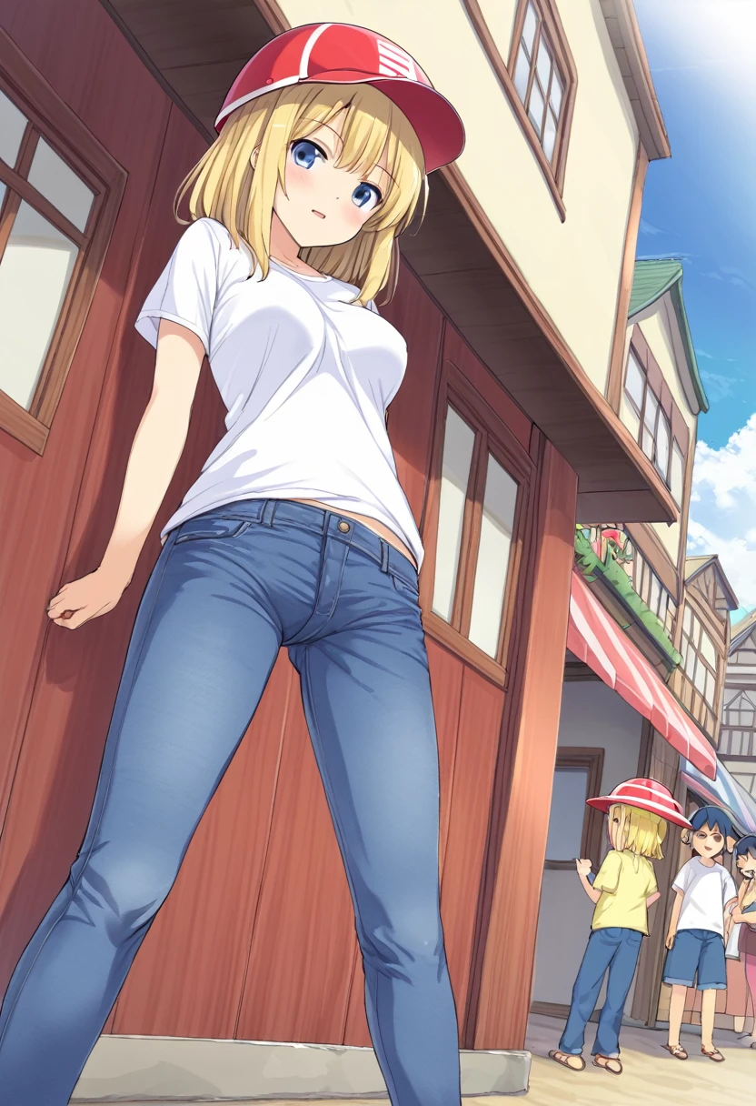 One Girl、15 years old、Blonde（Straight Hair）、redいモーターサイクルに乗る、Helmet（red）、White T-shirt、Shorts（jeans）、In town