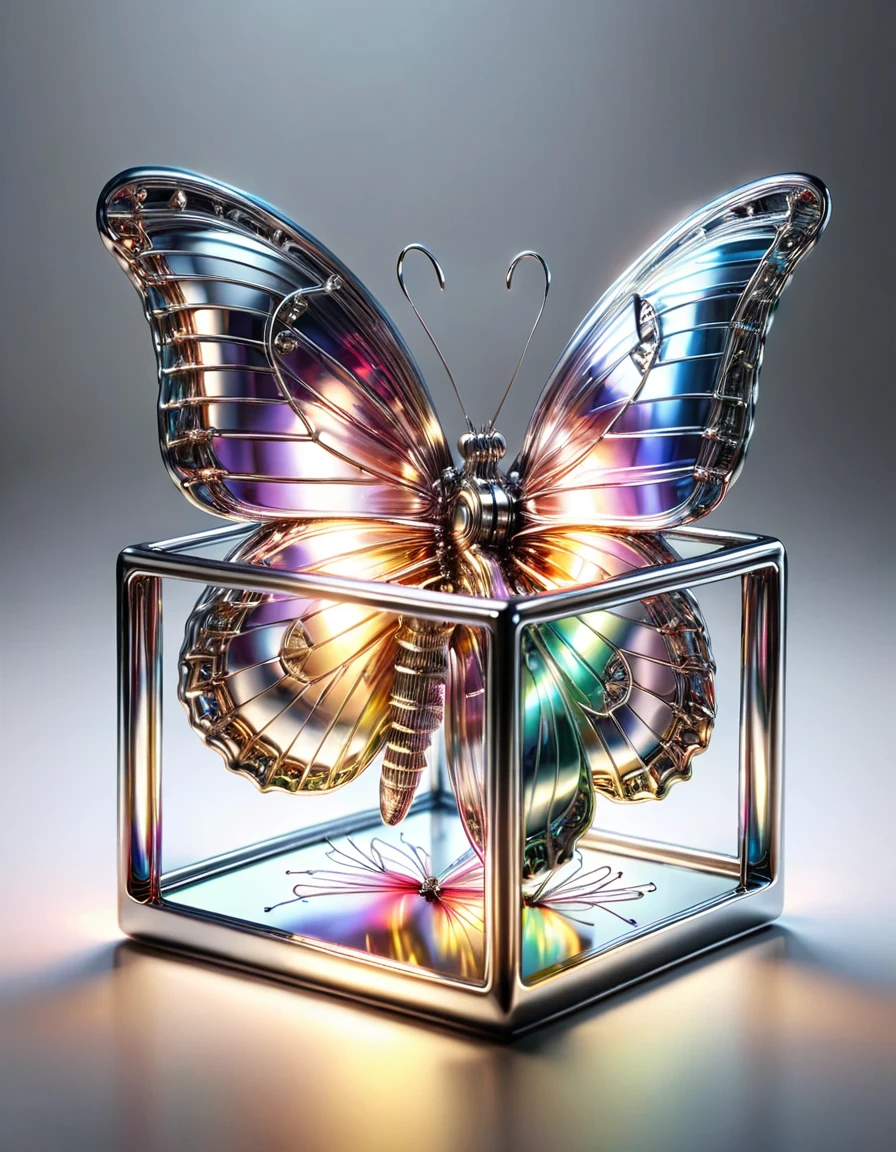 photograph, realistic, wide angle, a three dimensional cube filled with luminous threads of colorful light with a shimmering iridescent 1butterfly locked inside, linquivera, made out of  ral-polishedsteel 