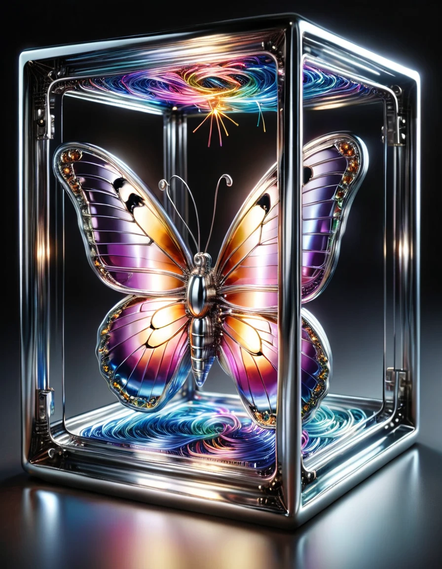 photograph, realistic, wide angle, a three dimensional cube filled with luminous threads of colorful light with a shimmering iridescent 1butterfly locked inside, linquivera, made out of  ral-polishedsteel 