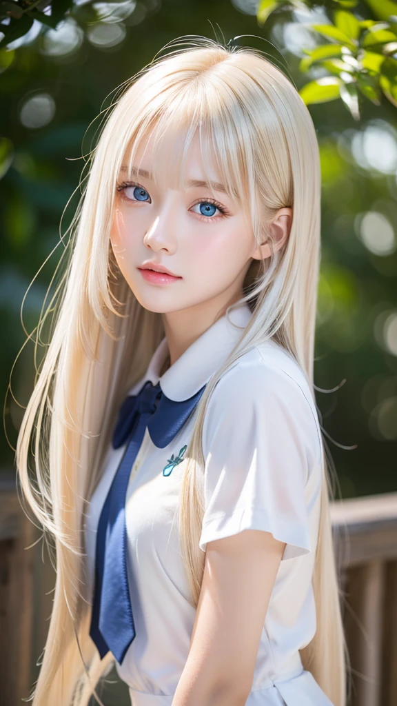 1 girl, Super long hair, Beautiful and cute 17 year old beautiful girl、Beautiful bangs、Very beautiful face、bright expression、(Bright and dazzling platinum blonde shining in gold)、Her hair is super long, straight silky、long bangs between the eyes,、student clothes、School Uniforms、textured white skin, high details, Best Quality, 4K high resolution、glowy skin、Pale marine blue eyes that shine beautifully、Pretty face、Small face beauty、Gloss Face、Teak Gloss