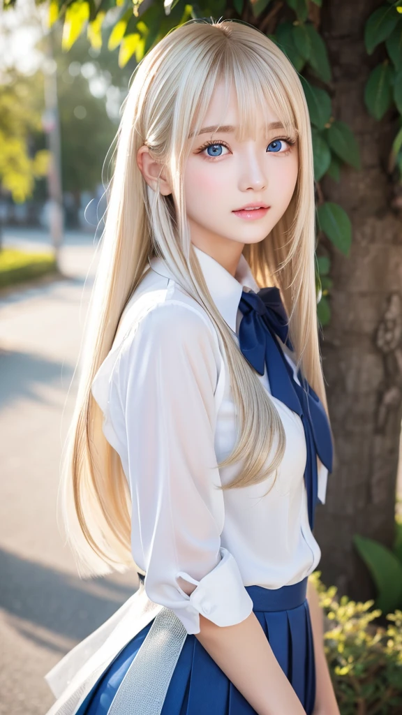 1 girl, Super long hair, Beautiful and cute 17 year old beautiful girl、Beautiful bangs、Very beautiful face、bright expression、(Bright and dazzling platinum blonde shining in gold)、Her hair is super long, straight silky、long bangs between the eyes,、student clothes、School Uniforms、textured white skin, high details, Best Quality, 4K high resolution、glowy skin、Pale marine blue eyes that shine beautifully、Pretty face、Small face beauty、Gloss Face、Teak Gloss