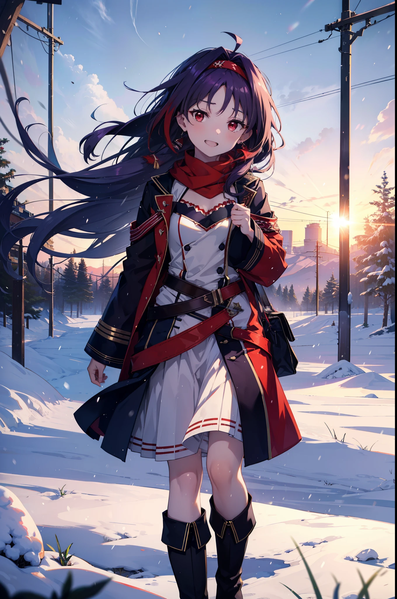 yuukikonno, Konno Yuuki, Long Hair, Pointed Ears, Purple Hair, (Red eyes:1.5), (Small breasts:1.2), Open your mouth,happy smile, smile, Open your mouth,hair band,low ponytail,Red Scarf,Purple long coat,V-neck sweater,Long skirt,short boots,snowが降っている,snowが降り積もっている,snow,snow,snow,snow,winter,Cold night,Walking,whole bodyがイラストに入るように,Looking down from above,
break looking at viewer, whole body,
break outdoors, In town,
break (masterpiece:1.2), Highest quality, High resolution, unity 8k wallpaper, (figure:0.8), (Beautiful attention to detail:1.6), Highly detailed face, Perfect lighting, Highly detailed CG, (Perfect hands, Perfect Anatomy),