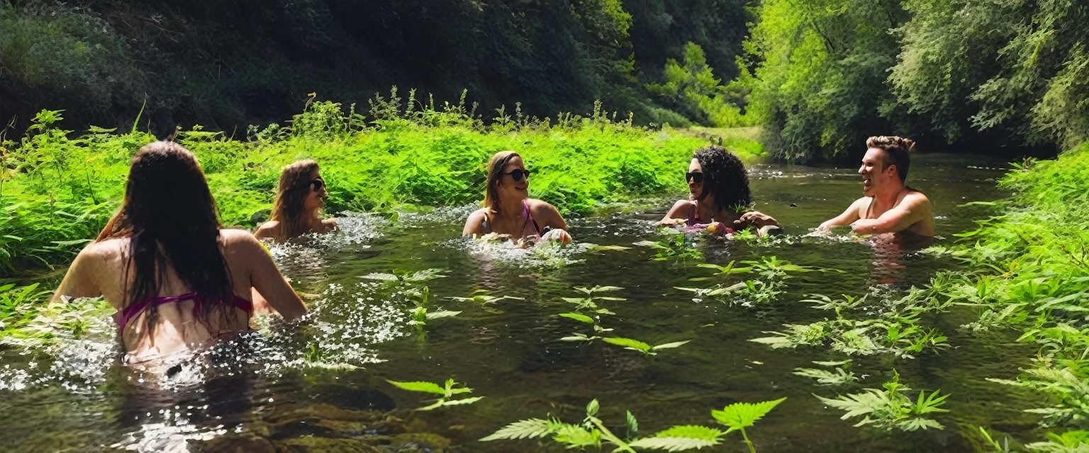 Group of friends swimming in a creek full of cannabis flowers