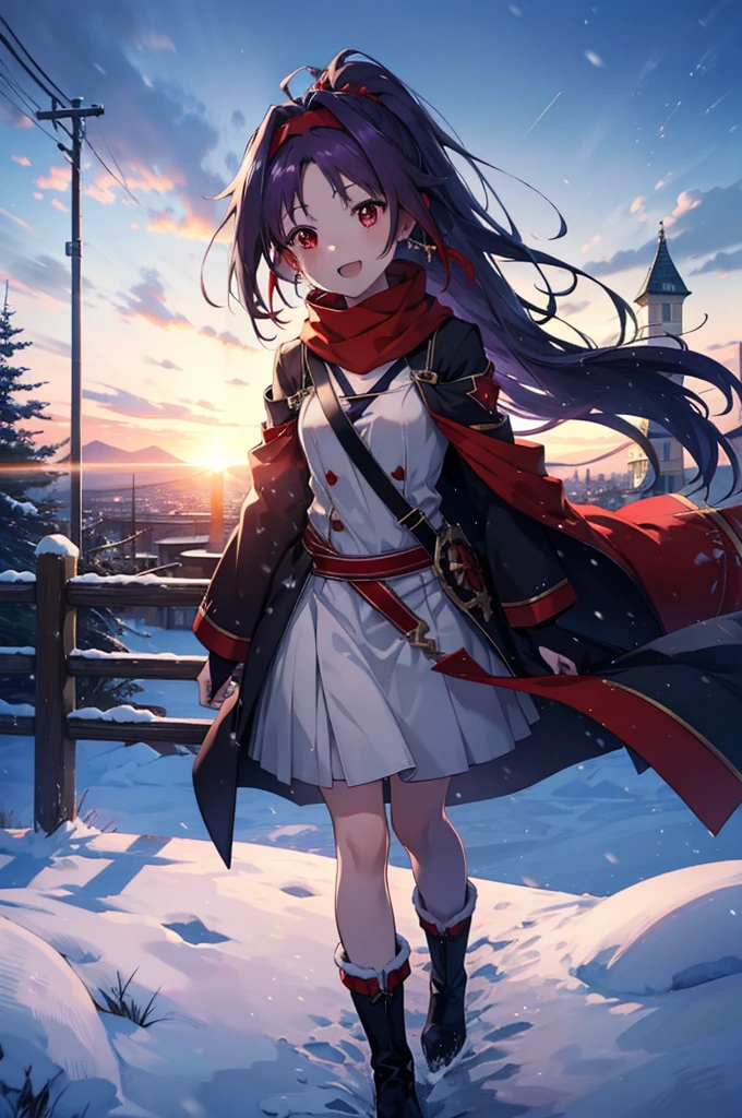 yuukikonno, Konno Yuuki, Long Hair, Pointed Ears, Purple Hair, (Red eyes:1.5), (Small breasts:1.2), Open your mouth,happy smile, smile, Open your mouth,hair band,low ponytail,Red Scarf,Purple long coat,V-neck sweater,Long skirt,short boots,snowが降っている,snowが降り積もっている,snow,snow,snow,snow,winter,Cold night,Walking,whole bodyがイラストに入るように,Looking down from above,
break looking at viewer, whole body,
break outdoors, In town,
break (masterpiece:1.2), Highest quality, High resolution, unity 8k wallpaper, (figure:0.8), (Beautiful attention to detail:1.6), Highly detailed face, Perfect lighting, Highly detailed CG, (Perfect hands, Perfect Anatomy),