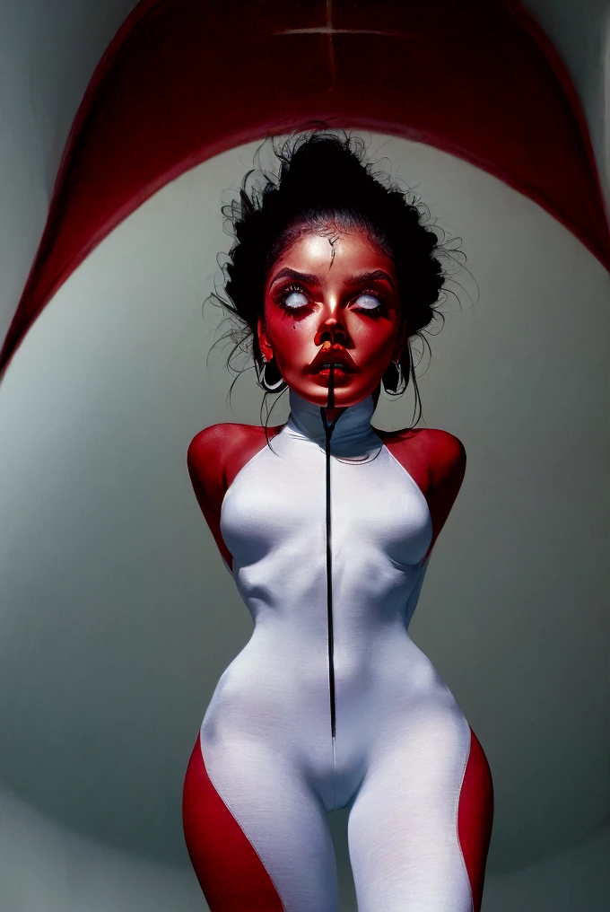 ((masterpiece))), (((best quality))), ((super detailed)), (highly detailed computer illustration), ((extremely delicate and beautiful)), Dynamic Angle, Perspective, High Point,pov(from below:1.4),
color paintAn obscure face,sideways glance, (cold attitude,eyeshadow,eyeliner:1.1),(red lips:1.5),watery eyes, makeup(white chinese clothes:1.4)
jewelryearringsarm tattoofull-body tattoo, neck tattoo(long legs:1.3)big breasts,
((((dramatic))), (((gritty))), (((intense)))A shot with tensionVisual impact,giving the poster a dynamic and visually striking appearance, viscerally obsurd, malevolence is the most important thing, nightmarish dreams converge,
Hyperdetailed,  imaginatively exagerated, gothic macbre masterworks of obsurd surrealism. Ominous objects 
