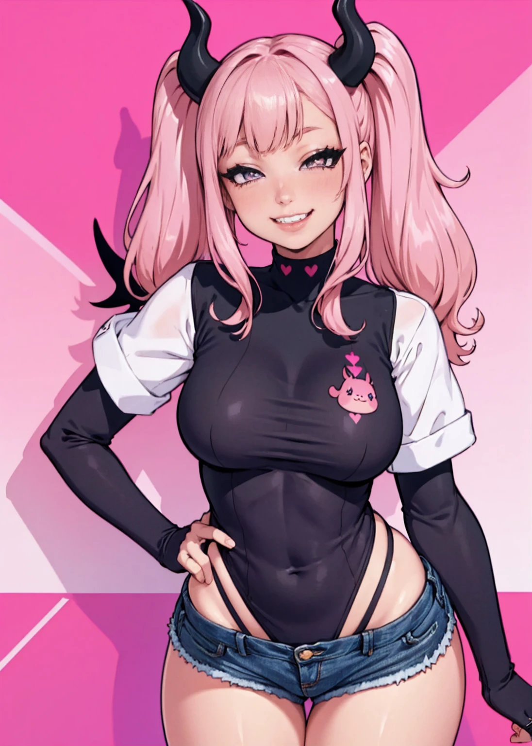 big lips, pink hair, pink eyes, japanese face, gyaru, huge breasts, wide hips, sexy, pink theme, kawaii, detailed, decora, bangs, grin, gyaru outfit, kawaii, pink and black outfit,, horns, cute succubus, small succubus wings, winking, eye wink, , twin tails, winky face,perfect angle, HD quality, 8k, pink eyes, loser hand sign, loser, L, twin tails, mini shorts, colorful, evil, fangs, kawaii