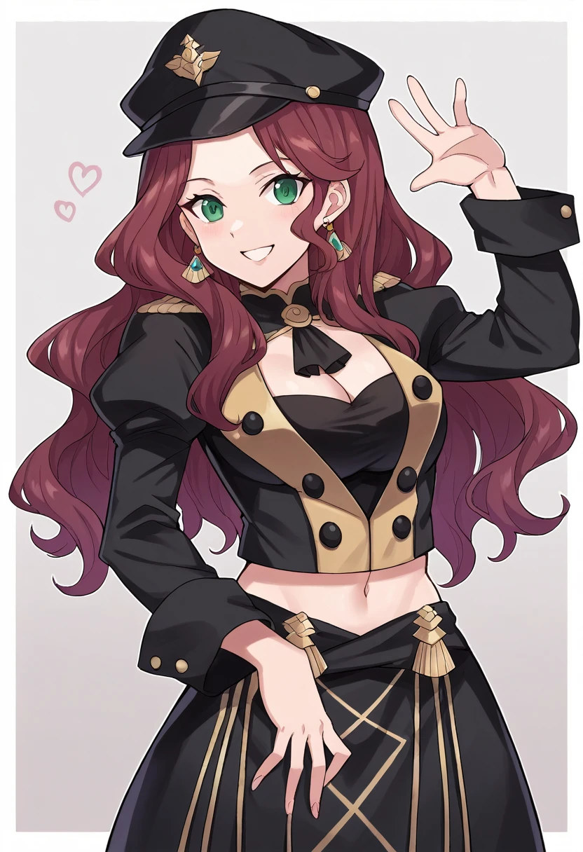 score_9, score_8_up, score_7_up, source_anime, Dorothea (Fire Emblem), mldortgm, black headwear, black skirt, (black uniform), brown hair, dangle earrings, gold trim, green eyes, jewelry, large breasts, cleavage, long hair, black peaked cap, black hat, looking at the viewer, smile