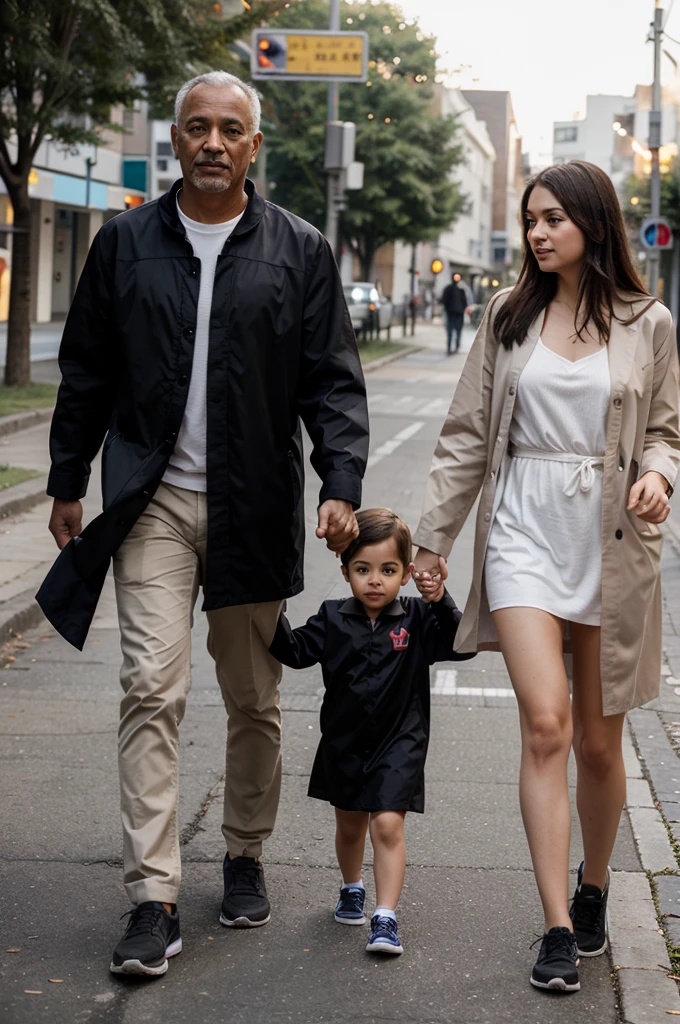 Create an image of a father, mother, and a young  walking together holding hands, with the  wearing a graduation gown