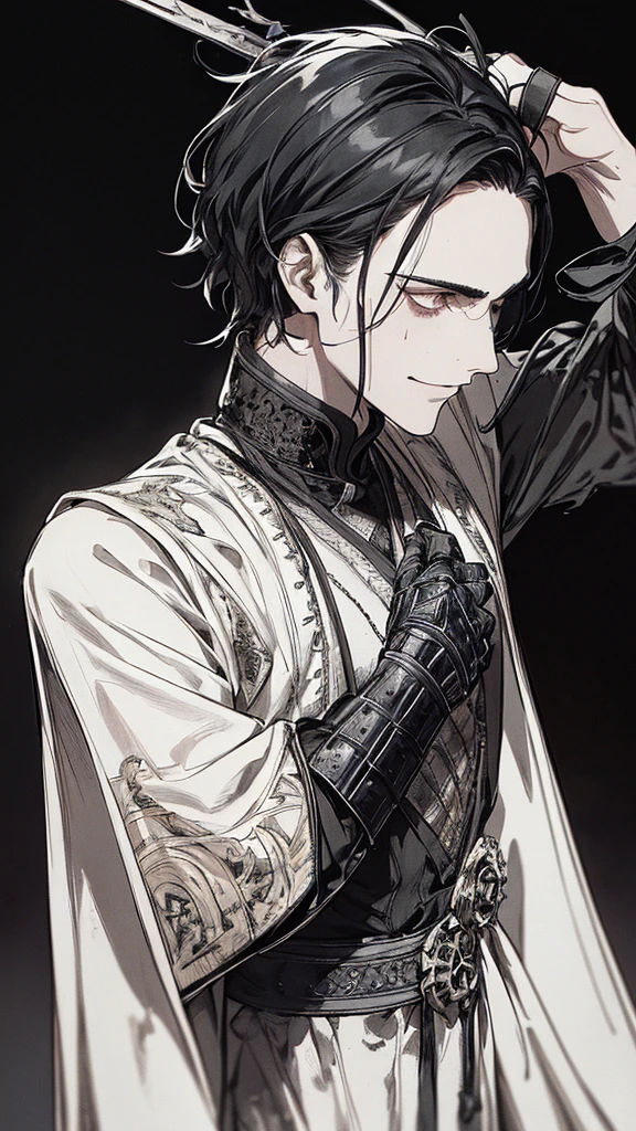 Highest quality, (background_detailed), expensive_Contrast, detailed_original_figure, Warrior, Muscular, Villain Face, Armor, full_body, Medieval, Wrinkles between the eyes, Young people, 20-year-old male, dark_stitch_landscape, (dramatic_Lighting:1. 25), (Shaded_background:1.2), black_hair, (short black hair:) 1.1 ), Delicate face, Wicked Smile, Sharp eyes, Black background, (Black background:1.5), Beautiful line art, 白black