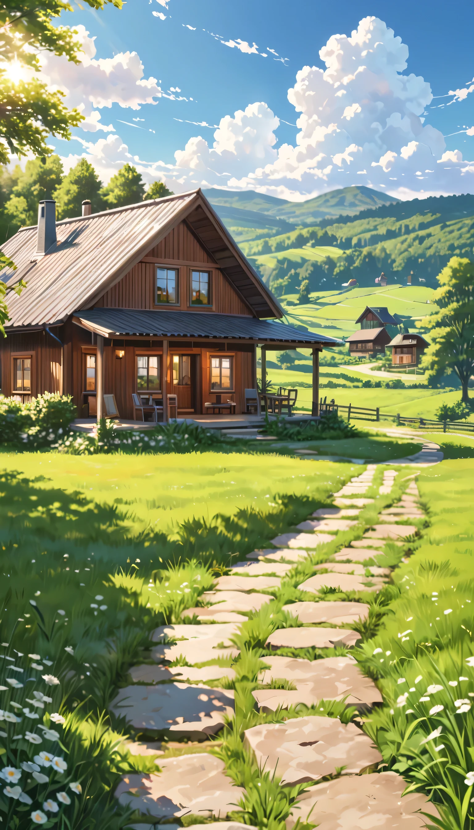 a beautiful house in the countryside, 1 story house, country house, rustic house, wooden house, farmhouse, green grass, lush trees, blue sky, fluffy clouds, sunlight, peaceful landscape, tranquil scene, (best quality, 4k, 8k, highres, masterpiece:1.2), ultra-detailed, (realistic, photorealistic, photo-realistic:1.37), natural lighting, serene, idyllic, warm color palette