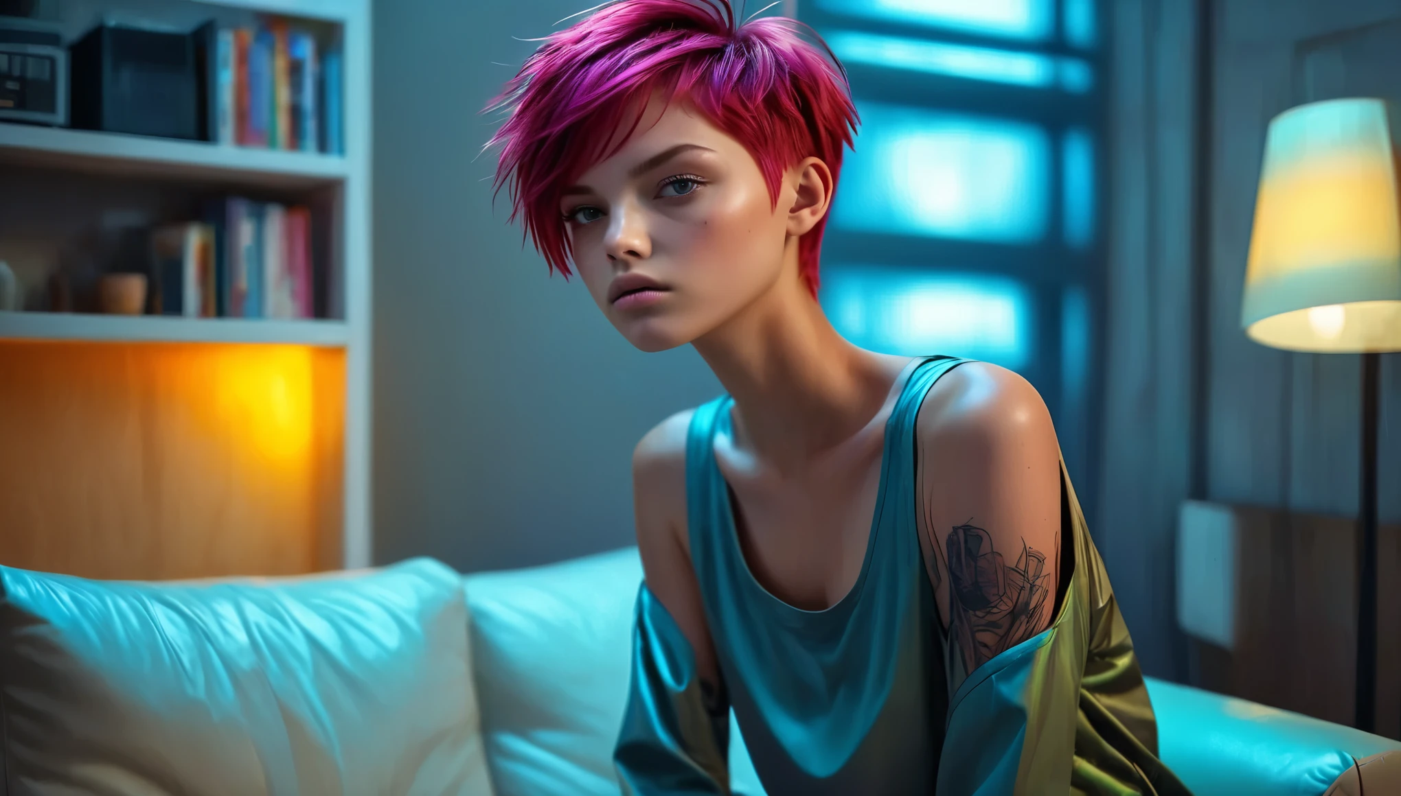 Top Quality, Masterpiece, High Resolution, 8k, ((ager, 16 Y((tomboy girl in short shiny oversized huddie with plunging neckline under the armpits und satin shorts, side boob, wide neckline, deep neckline, thin collar)), (bare belly, small perky breasts, detailed face, detailed eyes, detailed thin eyebrow, detailed lips, small hips, no makeup, beauty spot, some tattoos), ((tomboy, Tomboy Style, tomboyish)), (red randowm short hair style, red straight hair, red short pixie cut hair), (((in a cyberpunk apartment, on the couch, playing a video game, moody atmosphere, very dimm light, dramatic and neon colors, futuristic setting, intricate details, at night, random pose, neon colors))), full body view, cyberpunk atmosphere
